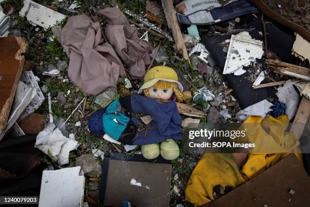 Child's toy is seen in the debris caused by Russian shelling in northeast of Kharkiv. Russia has re-supplied its troops and concentrated the...
