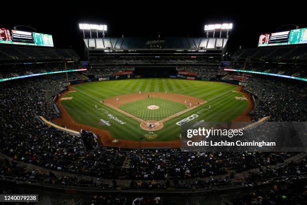 General view during the game between the Baltimore Orioles and the Oakland Athletics at Oakland Coliseum on Monday, April 18, 2022 in Oakland,...