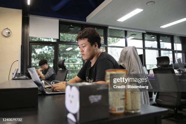 Do Kwon, co-founder and chief executive officer of Terraform Labs, works on his laptop in the company's office in Seoul, South Korea, on Thursday,...