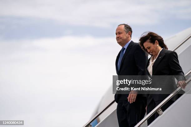 Vice President Kamala Harris and Second Gentleman Doug Emhoff disembark from Air Force 2 at Vandenberg Space Force Base on April 18, 2022 in...