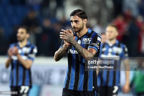 Giuseppe Pezzella greets fans during the italian soccer Serie A match Atalanta BC vs Hellas Verona FC on April 18, 2022 at the Gewiss Stadium in...