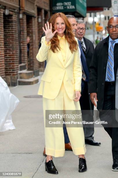 Julia Roberts is seen arriving for the "Late Show with Stephen Colbert" at the Ed Sullivan Theater on April 18, 2022 in New York City.