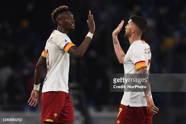 Tammy Abraham and Lorenzo Pellegrini of AS Roma at the end of the Serie A match between SSC Napoli and AS Roma at Stadio Diego Armando Maradona...