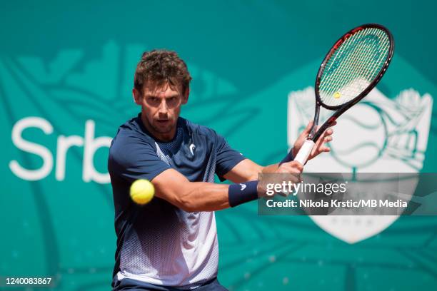 Henri Laaksonen of Switzerland returns against Jiri Lehecka of Czech Republic during the day two of Serbia Open ATP 250 Tournament at Novak Tennis...