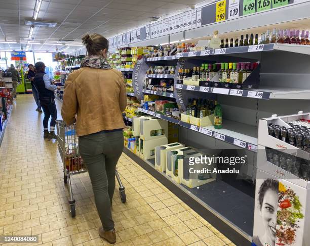 View of supermarket during shortage of sunflower oil and flour supply due to ongoing Russia-Ukraine war on April 19, 2022 in Berlin, Germany. The war...