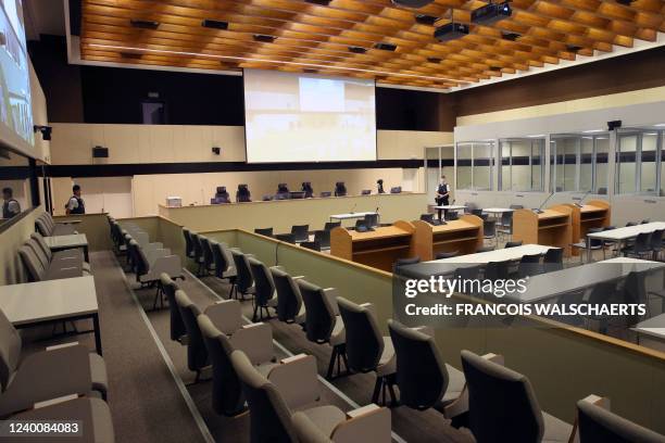 Picture taken on April 19, 2022 shows a view of the courtroom before the start of the trial of 14 alleged accomplices in 2015 Paris attacks at...