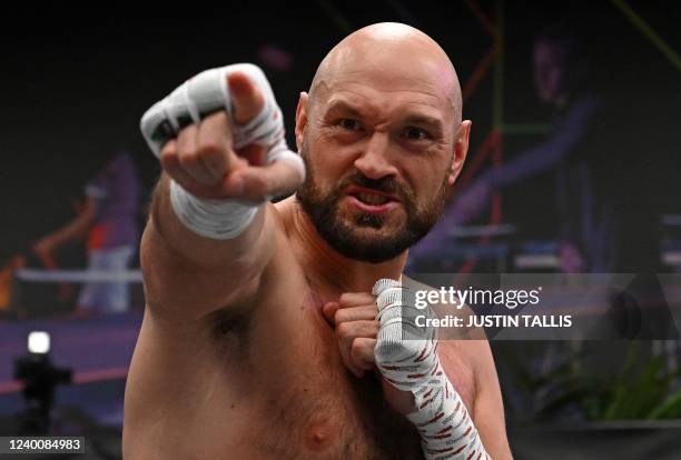 World Boxing Council heavyweight title holder Britain's Tyson Fury takes part in an open work-out session in Wembley, west London, on April 19, 2022....