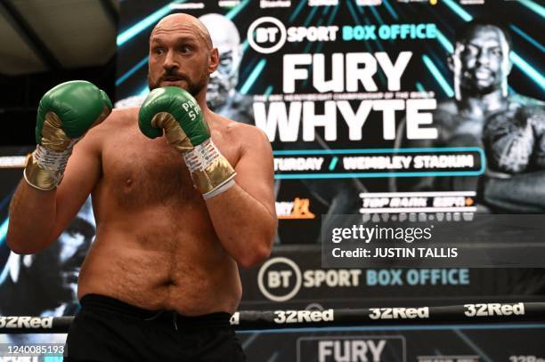 World Boxing Council heavyweight title holder Britain's Tyson Fury takes part in an open work-out session in Wembley, west London, on April 19, 2022....