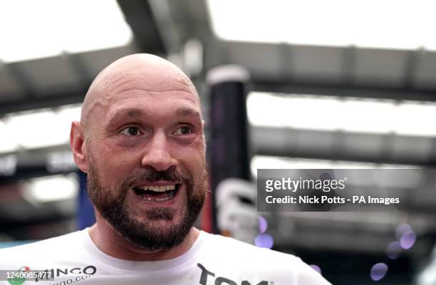 Tyson Fury being interviewed after an open workout at BOXPARK Wembley, London. Picture date: Tuesday April 19, 2022.
