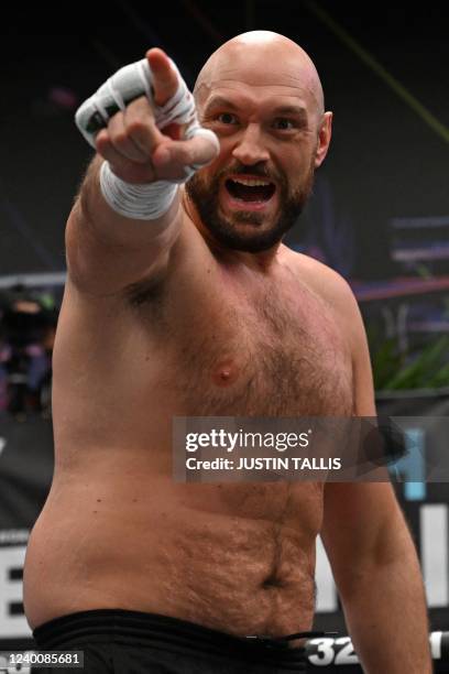 World Boxing Council heavyweight title holder Britain's Tyson Fury takes part in an open work-out session in Wembley, west London, on April 19, 2022....