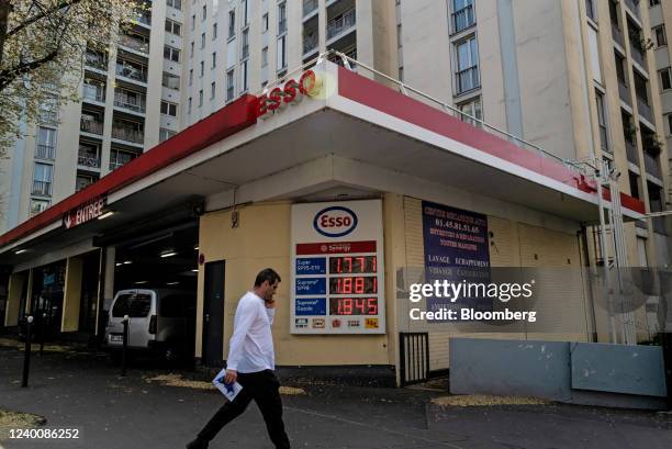 Fuel prices displayed at an Esso SA gas station in the 13th arrondissement of Paris, France, on Tuesday, April 19, 2020. While energy costs began...