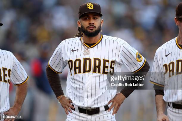 Fernando Tatis Jr. #23 of the San Diego Padres is introduced before the game between the Atlanta Braves and the San Diego Padres at Petco Park on...