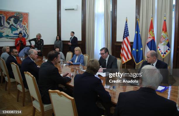 Serbian President Aleksandar Vucic meets with members of the US Senate Foreign Relations Committee Chris Murphy, Jeanne Shaheen and Armed Services...