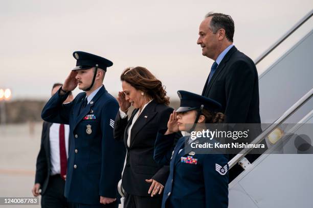 Vice President Kamala Harris and Second Gentleman Doug Emhoff disembark from Air Force 2 at Los Angeles International Airport on April 18, 2022 in...