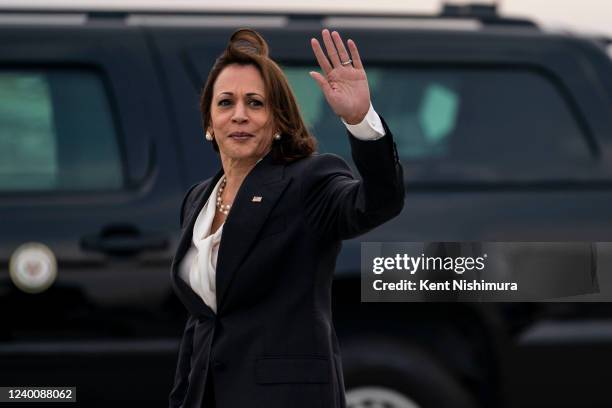 Vice President Kamala Harris and Second Gentleman Doug Emhoff disembark from Air Force 2 at Los Angeles International Airport on April 18, 2022 in...