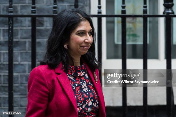 Attorney General Suella Braverman leaves Downing Street after attending the weekly Cabinet meeting on April 19, 2022 in London, England. Today marks...