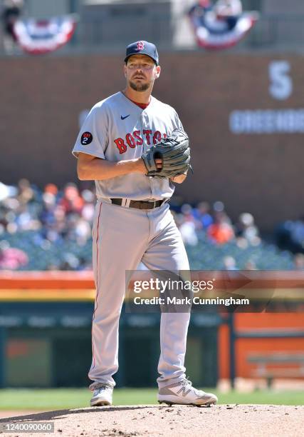 Rich Hill of the Boston Red Sox pitches during the game against the Detroit Tigers at Comerica Park on April 12, 2022 in Detroit, Michigan. The Red...