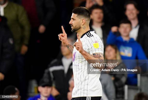Fulhams Aleksandar Mitrovic celebrates scoring his sides third goal during the Sky Bet Championship match at Craven Cottage, London. Picture date:...