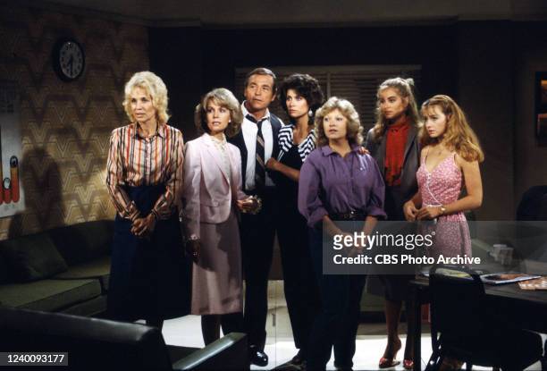 From left: Carolyn Conwell as Mary Williams, Marla Adams as Dina Mergeron, Jerry Douglas as John Abbott, Deborah Adair as Jill Abbott, Beth Maitland...