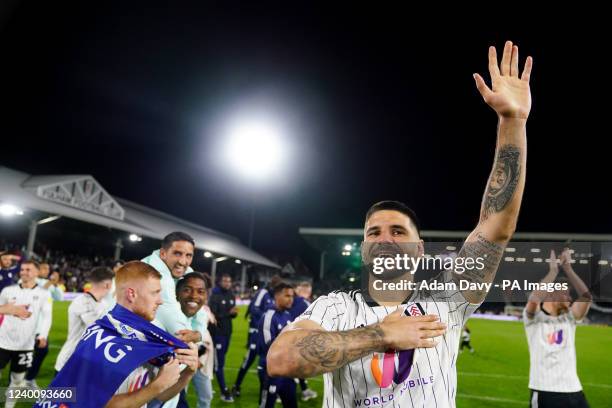 Fulhams Aleksandar Mitrovic celebrates promotion to the Premier League after the Sky Bet Championship match at Craven Cottage, London. Picture date:...