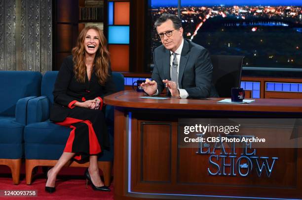 The Late Show with Stephen Colbert and guest Julia Roberts during Mondays April 18, 2022 show.