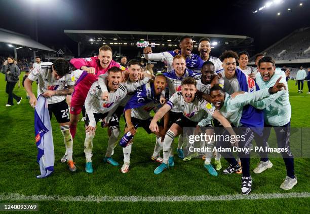 Fulham players celebrate promotion to the Premier League after the Sky Bet Championship match at Craven Cottage, London. Picture date: Tuesday April...