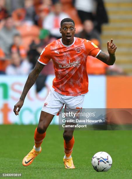 Blackpool's Marvin Ekpiteta during the Sky Bet Championship match between Blackpool and Birmingham City at Bloomfield Road on April 18, 2022 in...