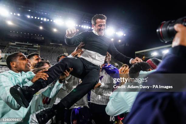 Fulham manager Marco Silva celebrates promotion to the Premier League during the Sky Bet Championship match at Craven Cottage, London. Picture date:...