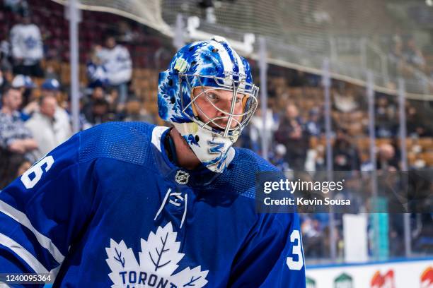 Jack Campbell of the Toronto Maple Leafs warms up before facing the Philadelphia Flyers at the Scotiabank Arena on April 19, 2022 in Toronto,...