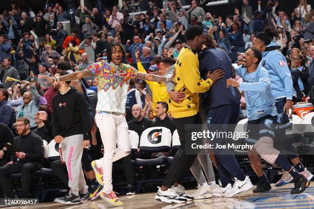 The Memphis Grizzlies celebrate during the game against the Phoenix Suns on April 1, 2022 at FedExForum in Memphis, Tennessee. NOTE TO USER: User...