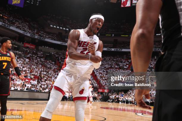 Jimmy Butler of the Miami Heat reacts to a play during the game against the Atlanta Hawks during Round 1 Game 2 of the 2022 NBA Playoffs on April 19,...