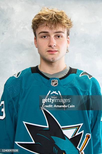 Thomas Bordeleau of the San Jose Sharks poses for his official headshot for the 2021-2022 season against the Columbus Blue Jackets at SAP Center on...