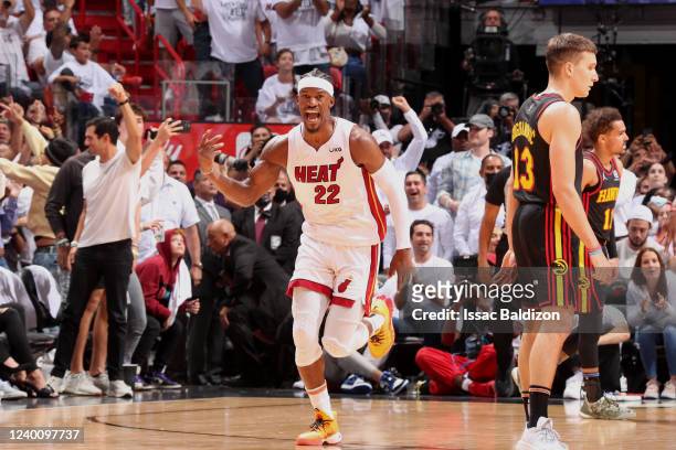 Jimmy Butler of the Miami Heat reacts to a play against the Atlanta Hawks during Round 1 Game 2 of the 2022 NBA Playoffs on April 19, 2022 at FTX...