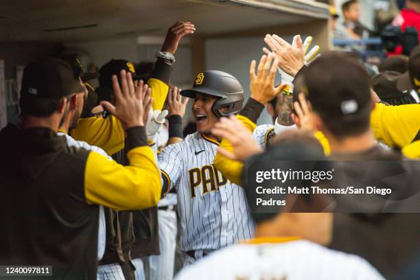 Manny Machado of the San Diego Padres celebrates after hitting a home run in the first inning against the Cincinnati Reds at Petco Park on April 19,...