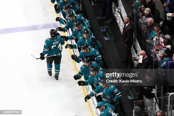 An overhead view as Scott Reedy of the San Jose Sharks celebrates scoring a goal against the Columbus Blue Jackets at SAP Center on April 19, 2022 in...