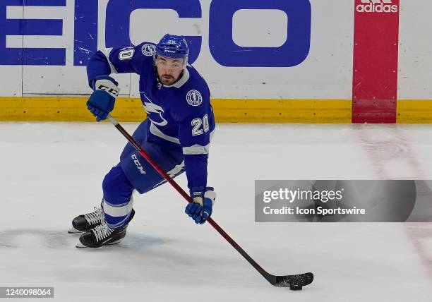 Tampa Bay Lightning left wing Nicholas Paul looks to make a pass during the NHL Hockey match between the Tampa Bay Lightning and Detroit Red Wings on...