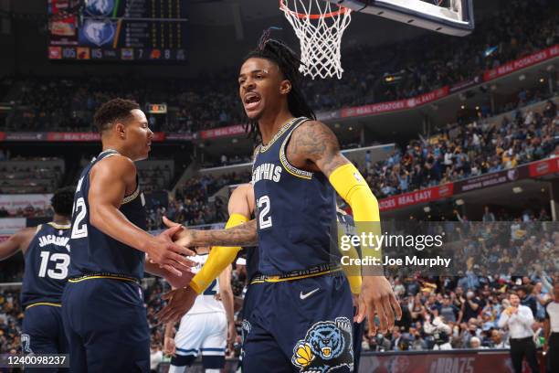 Ja Morant of the Memphis Grizzlies celebrates during Round 1 Game 2 of the 2022 NBA Playoffs on April 19, 2022 at FedExForum in Memphis, Tennessee....