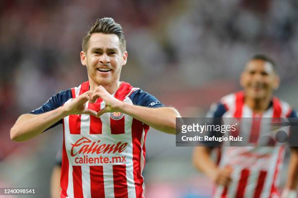 Jesús Angulo of Chivas celebrates after scoring his team's first goal during the 15th round match between Chivas and Club Tijuana as part of te...