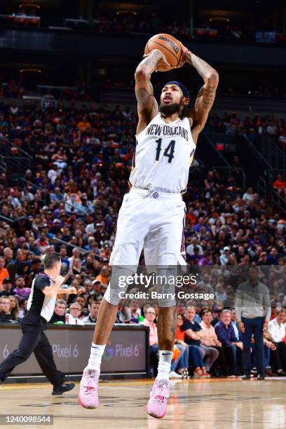 Brandon Ingram of the New Orleans Pelicans shoots the ball against the Phoenix Suns during Round 1 Game 2 of the NBA 2022 Playoffs on April 19, 2022...
