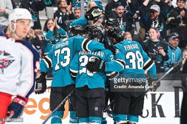 Sharks celebrate goal against the Columbus Blue Jackets at SAP Center on April 19, 2022 in San Jose, California.