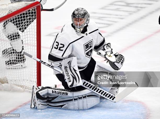 Los Angeles Kings goalie Jonathan Quick in goal during the first period of an NHL hockey game against the Anaheim Ducks played on April 19, 2022 at...