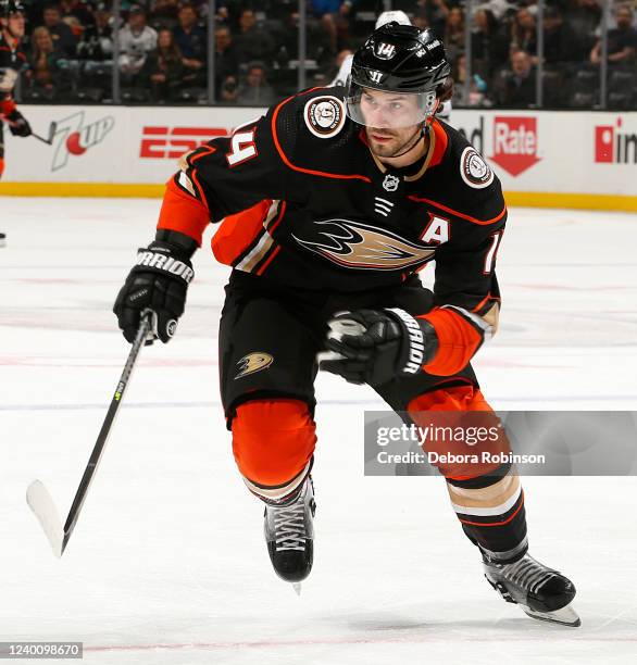 Adam Henrique of the Anaheim Ducks skates during the game against the Los Angeles Kings at Honda Center on April 19, 2022 in Anaheim, California.