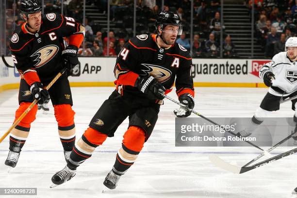 Adam Henrique of the Anaheim Ducks skates during the game against the Los Angeles Kings at Honda Center on April 19, 2022 in Anaheim, California.