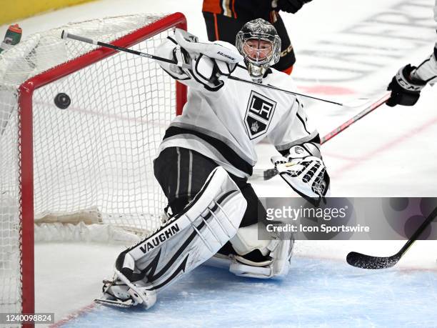 Los Angeles Kings goalie Jonathan Quick deflects the puck during the first period of an NHL hockey game against the Anaheim Ducks played on April 19,...