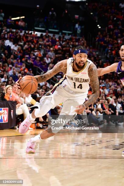 Brandon Ingram of the New Orleans Pelicans drives to the basket against the Phoenix Suns during Round 1 Game 2 of the 2022 NBA Playoffs on April 19,...