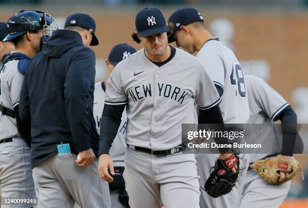 Pitcher Gerrit Cole of the New York Yankees is taken out of the game by manager Aaron Boone during the second inning against the Detroit Tigers at...