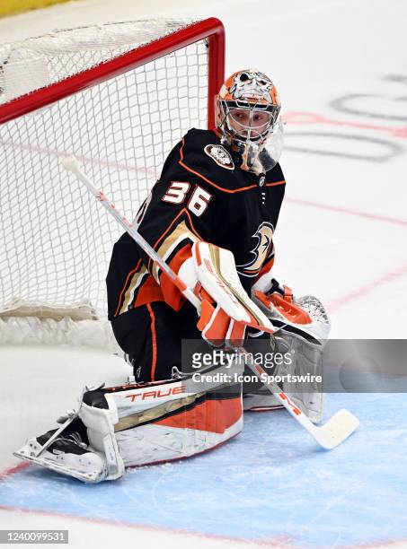 Anaheim Ducks goalie John Gibson in goal during the second period of an NHL hockey game against the Los Angeles Kings played on April 19, 2022 at the...