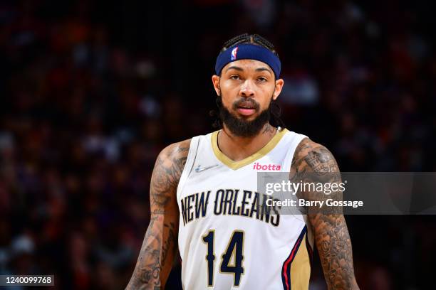 Brandon Ingram of the New Orleans Pelicans looks on during Round 1 Game 2 of the NBA 2022 Playoffs on April 19, 2022 at Footprint Center in Phoenix,...