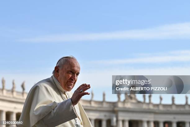 Pope Francis blesses attendees as he arrives on April 20, 2022 for the weekly general audience at St. Peter's square in The Vatican.