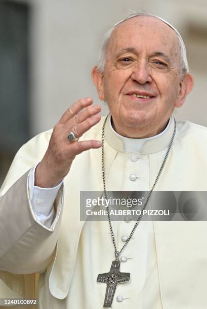 Pope Francis blesses attendees as he arrives on April 20, 2022 for the weekly general audience at St. Peter's square in The Vatican.